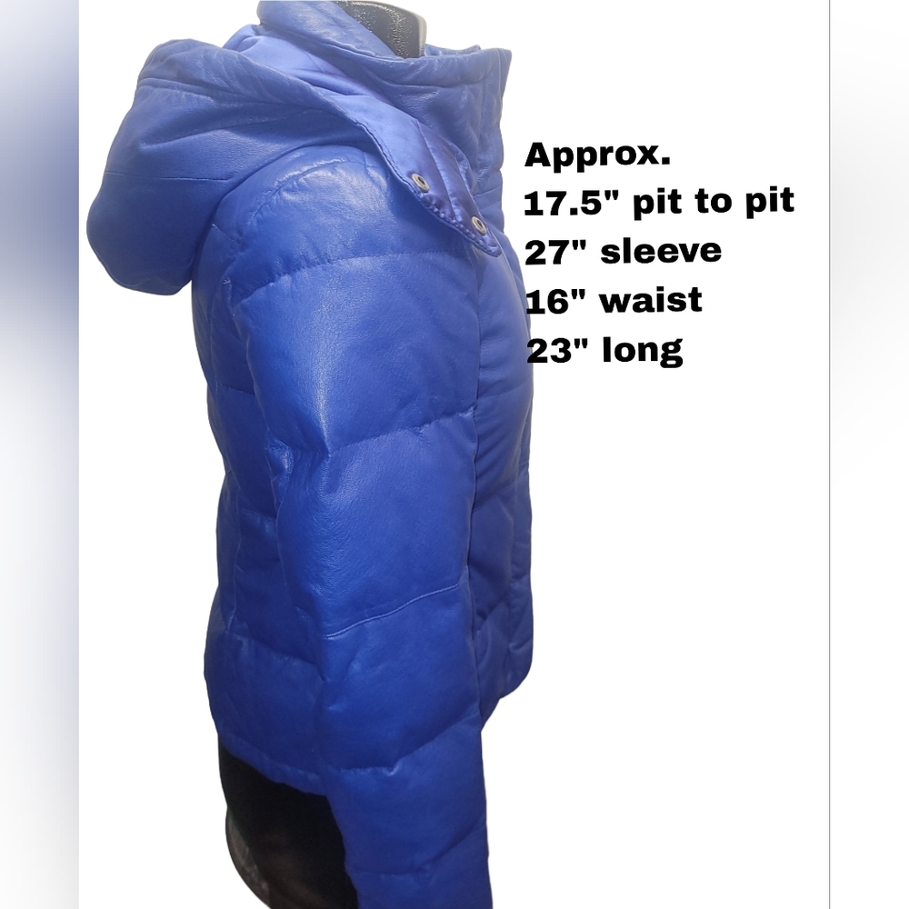 Danier Cobalt Blue Leather Down Quilted Puffer Jacket Size 2XS - Picture 5 of 10